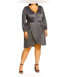 Halogen Silver Lurex Metallic Faux Wrap Belted Dress Size Large NWOT